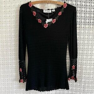 90s Vintage NWT M. Nicole Black Crochet Sequin Floral Knit Sweater Size Small